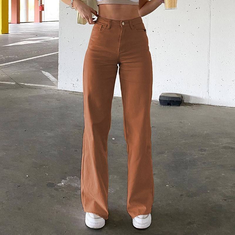 High Waist Wide Leg Denim Jeans with Slash Pockets