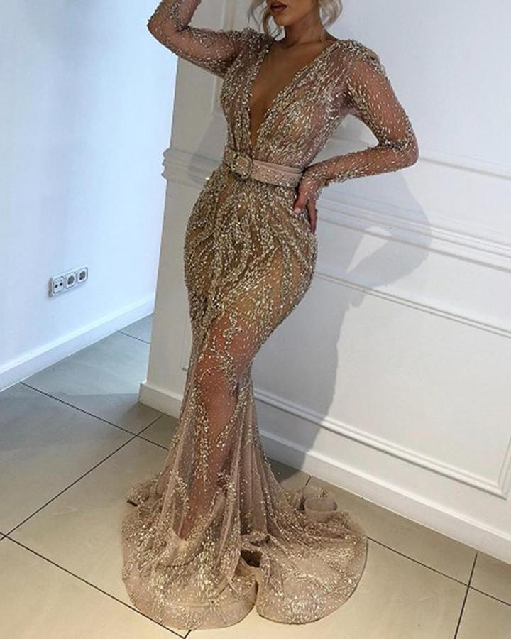 2020 New Women's Sequin Long Sleeve Party Dress
